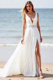White Chiffon A Line Boho Sweep Train Wedding Dress with Slit