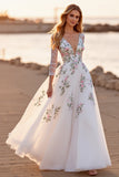 White Tulle A Line Boho Floor Length Wedding Dress with Flowers
