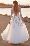 White Tulle A Line Boho Floor Length Wedding Dress with Flowers