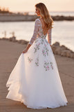 White Tulle A Line Boho Floor Length Wedding Dress with Flowers