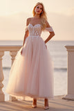 Blush Tulle A Line Boho Ankle Length Wedding Dress with Appliques
