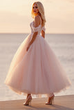 Blush Tulle A Line Boho Ankle Length Wedding Dress with Appliques