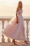 Blush Tulle A Line Boho Ankle Length Wedding Dress with Appliques