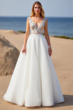 White V-Neck A Line Boho Sweep Train Wedding Dress with Appliques