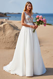 White V-Neck A Line Boho Sweep Train Wedding Dress with Appliques