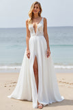 White Chiffon A Line Boho Sweep Train Wedding Dress with Lace