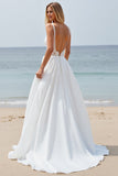 White Chiffon A Line Boho Sweep Train Wedding Dress with Lace