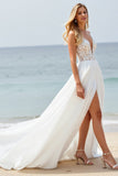 White Chiffon A Line Boho Sweep Train Wedding Dress with Lace