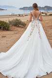 White Chiffon A Line Boho Wedding Dress with Embroidery