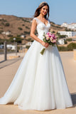 White A Line Tulle Sweep Train Wedding Dress with Lace