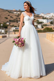 White A Line Tulle Sweep Train Wedding Dress with Lace