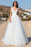 White A Line Tulle Sweep Train Wedding Dress with Lace
