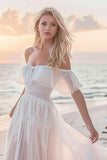 White A Line Tulle Boho Sweep Train Wedding Dress with Lace