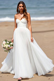 White Strapless A Line Tulle Boho Sweep Train Wedding Dress