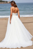 White Strapless A Line Tulle Boho Sweep Train Wedding Dress
