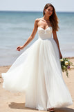 White Strapless A Line Tulle Boho Sweep Train Wedding Dress