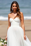 White Strapless A Line Tulle Boho Sweep Train Wedding Dress