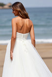White Strapless A Line Tulle Boho Sweep Train Wedding Dress