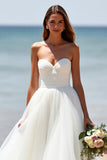 White Strapless A Line Tulle Boho Sweep Train Wedding Dress