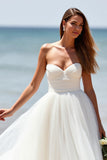 White Strapless A Line Tulle Boho Sweep Train Wedding Dress
