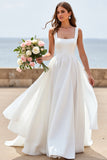 Chiffon White A Line Square Neck Boho Wedding Dress
