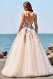 Blush Tulle A Line Boho Floor Length Embroidered Wedding Dress