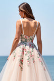 Blush Tulle A Line Boho Floor Length Embroidered Wedding Dress