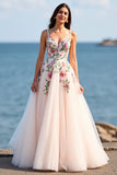 Blush Tulle A Line Boho Embroidered Sweep Train Wedding Dress