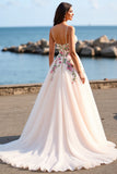 Blush Tulle A Line Boho Embroidered Sweep Train Wedding Dress