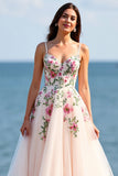 Blush Tulle A Line Boho Embroidered Sweep Train Wedding Dress