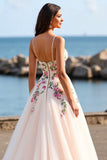 Blush Tulle A Line Boho Embroidered Sweep Train Wedding Dress