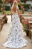 White V Neck A Line Sweep Train Floral Wedding Dress