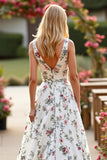 White V Neck A Line Sweep Train Floral Wedding Dress