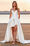 White Satin A Line Boho High-Low Wedding Dress