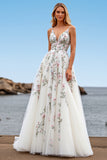White V Neck Tulle A Line Boho Sweep Train Wedding Dress with Embroidery
