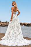 White V Neck Tulle A Line Boho Sweep Train Wedding Dress with Embroidery