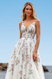White V Neck Tulle A Line Boho Sweep Train Wedding Dress with Embroidery
