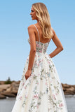 White V Neck Tulle A Line Boho Sweep Train Wedding Dress with Embroidery