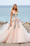 Blush Ball Gown Tulle Boho Sweep Train Wedding Dress with Appliques
