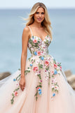 Blush Ball Gown Tulle Boho Sweep Train Wedding Dress with Appliques