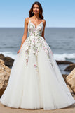 White Tulle A Line Maxi Boho Sweep Train Wedding Dress with Appliques
