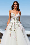 White Tulle A Line Maxi Boho Sweep Train Wedding Dress with Appliques