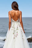 White Tulle A Line Maxi Boho Sweep Train Wedding Dress with Appliques