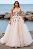 Blush A Line Tulle Boho Sweep Train Wedding Dress with Appliques