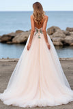 Blush A Line Tulle Boho Sweep Train Wedding Dress with Appliques