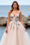 Blush A Line Tulle Boho Sweep Train Wedding Dress with Appliques