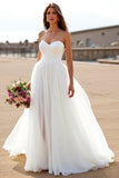 Strapless White Chiffon A Line Sweep Train Wedding Dress