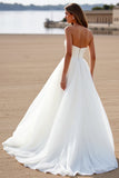 Strapless White Chiffon A Line Sweep Train Wedding Dress