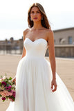 Strapless White Chiffon A Line Sweep Train Wedding Dress