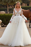 V Neck White Tulle Ball Gown Boho Sweep Train Wedding Dress with Lace